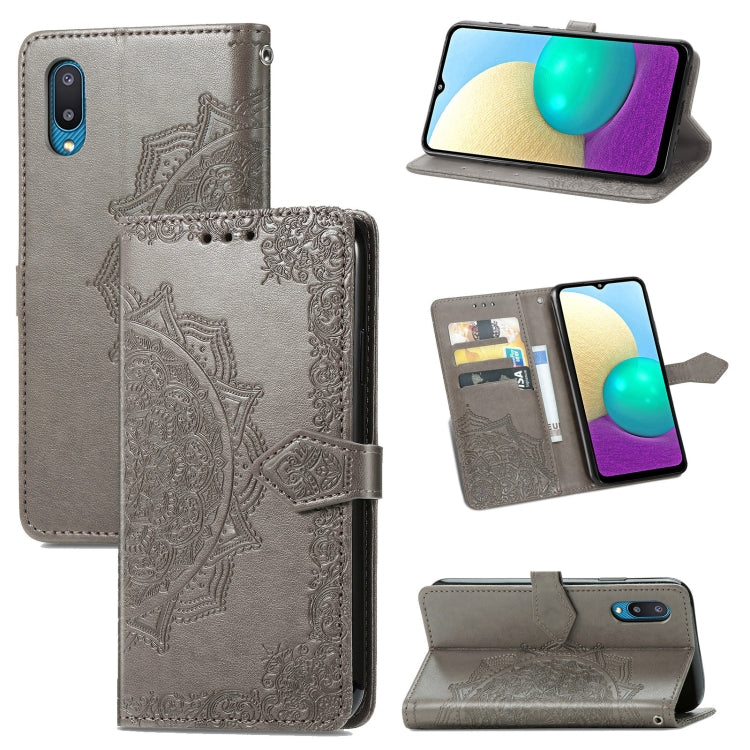 For Samsung Galaxy A02 Mandala Flower Embossed Horizontal Flip Leather Case with Bracket / Card Slot / Wallet / Lanyard