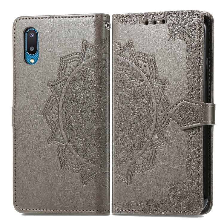 For Samsung Galaxy A02 Mandala Flower Embossed Horizontal Flip Leather Case with Bracket / Card Slot / Wallet / Lanyard