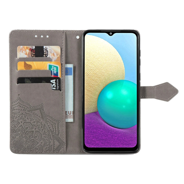 For Samsung Galaxy A02 Mandala Flower Embossed Horizontal Flip Leather Case with Bracket / Card Slot / Wallet / Lanyard