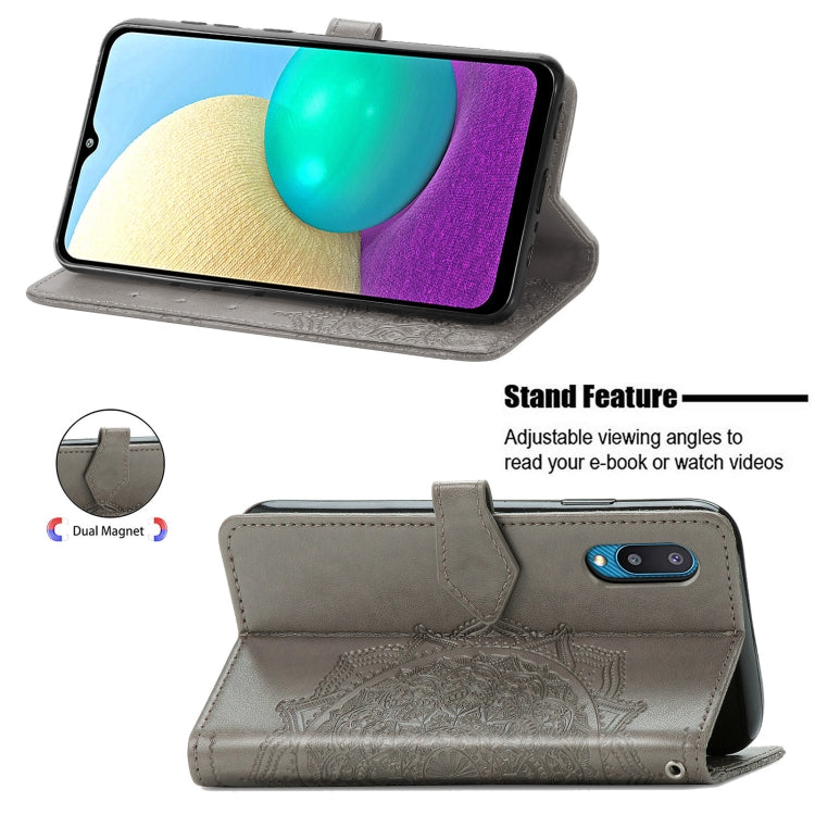 For Samsung Galaxy A02 Mandala Flower Embossed Horizontal Flip Leather Case with Bracket / Card Slot / Wallet / Lanyard