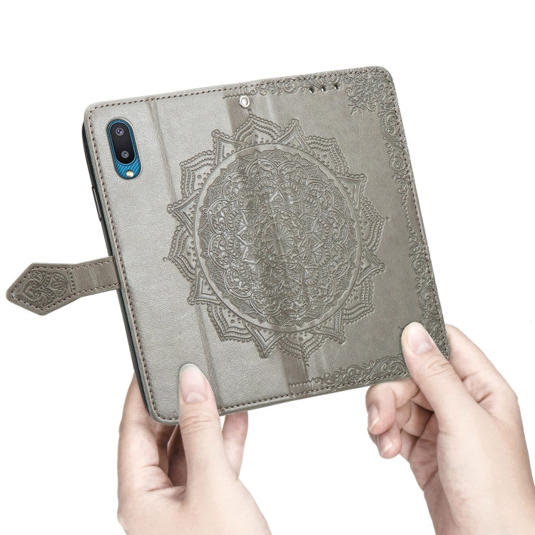For Samsung Galaxy A02 Mandala Flower Embossed Horizontal Flip Leather Case with Bracket / Card Slot / Wallet / Lanyard