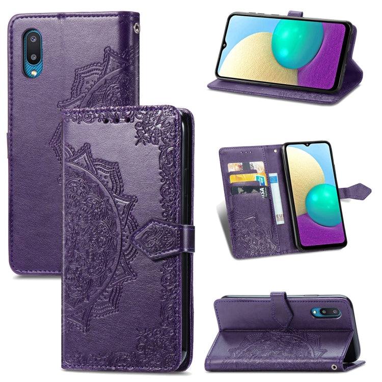 For Samsung Galaxy A02 Mandala Flower Embossed Horizontal Flip Leather Case with Bracket / Card Slot / Wallet / Lanyard