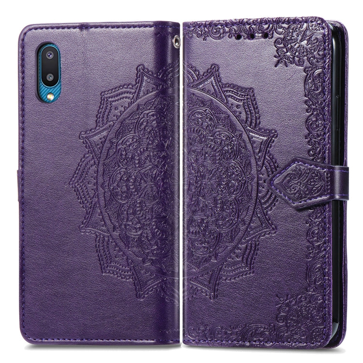 For Samsung Galaxy A02 Mandala Flower Embossed Horizontal Flip Leather Case with Bracket / Card Slot / Wallet / Lanyard