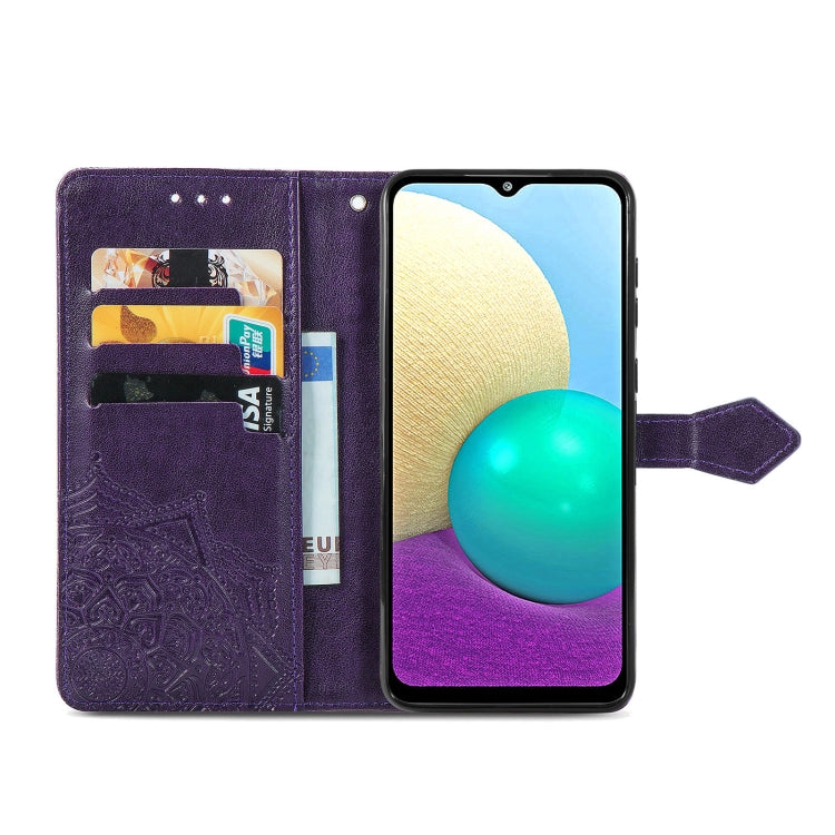 For Samsung Galaxy A02 Mandala Flower Embossed Horizontal Flip Leather Case with Bracket / Card Slot / Wallet / Lanyard