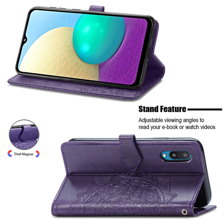 For Samsung Galaxy A02 Mandala Flower Embossed Horizontal Flip Leather Case with Bracket / Card Slot / Wallet / Lanyard