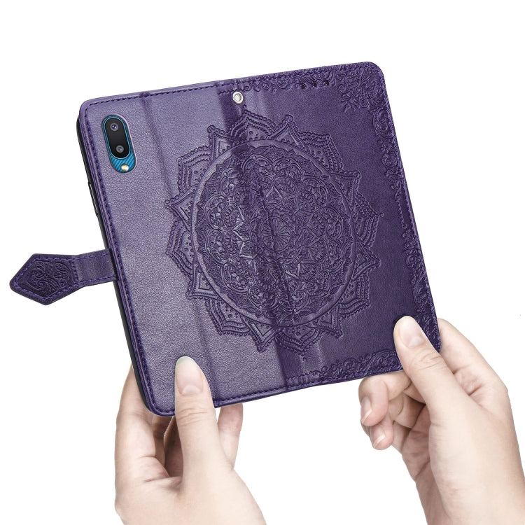 For Samsung Galaxy A02 Mandala Flower Embossed Horizontal Flip Leather Case with Bracket / Card Slot / Wallet / Lanyard