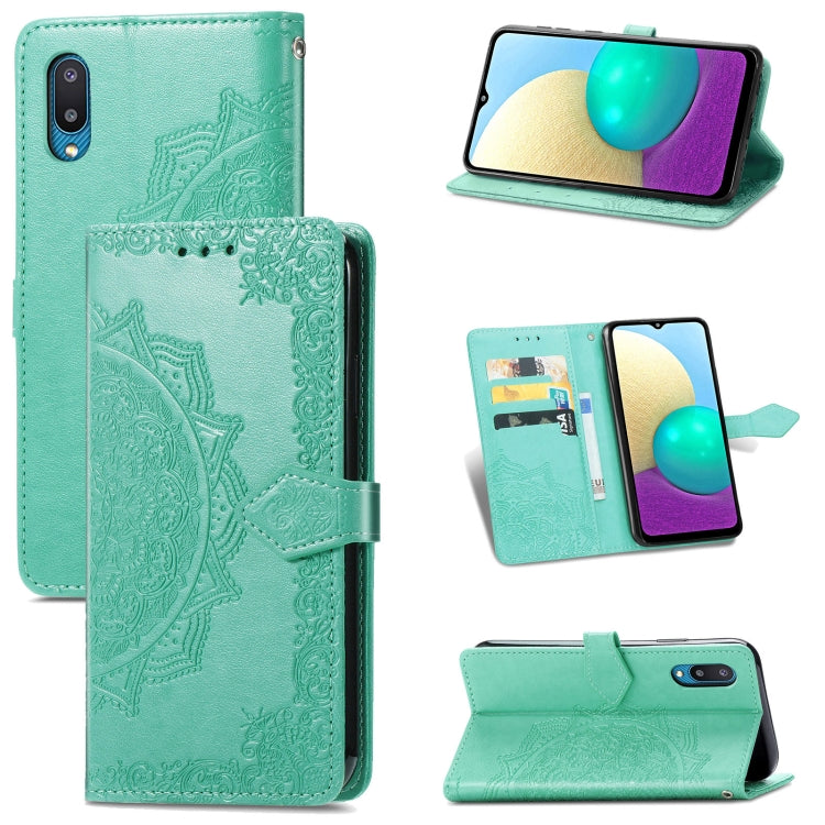 For Samsung Galaxy A02 Mandala Flower Embossed Horizontal Flip Leather Case with Bracket / Card Slot / Wallet / Lanyard