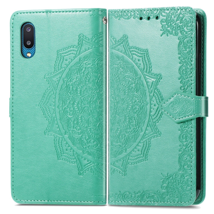 For Samsung Galaxy A02 Mandala Flower Embossed Horizontal Flip Leather Case with Bracket / Card Slot / Wallet / Lanyard