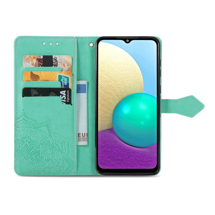 For Samsung Galaxy A02 Mandala Flower Embossed Horizontal Flip Leather Case with Bracket / Card Slot / Wallet / Lanyard