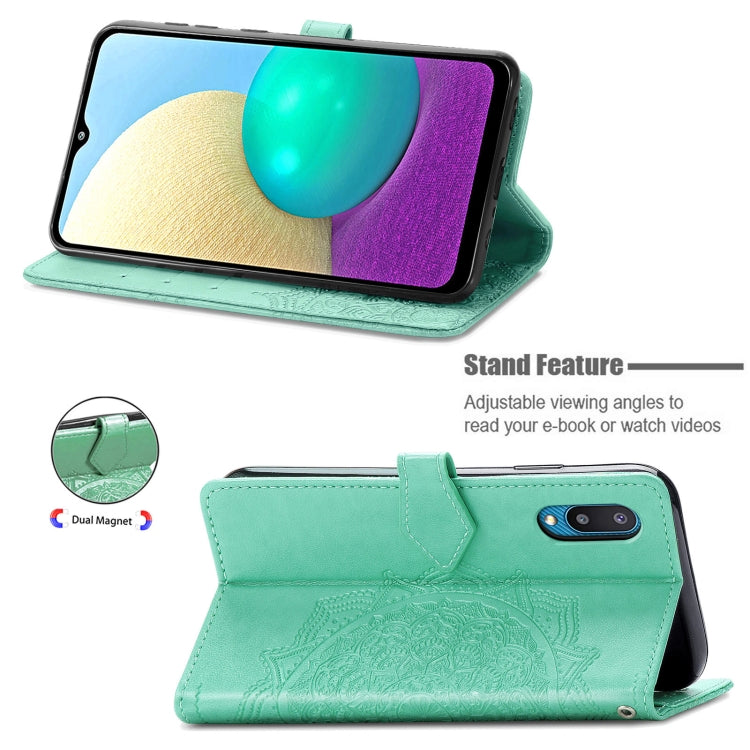For Samsung Galaxy A02 Mandala Flower Embossed Horizontal Flip Leather Case with Bracket / Card Slot / Wallet / Lanyard