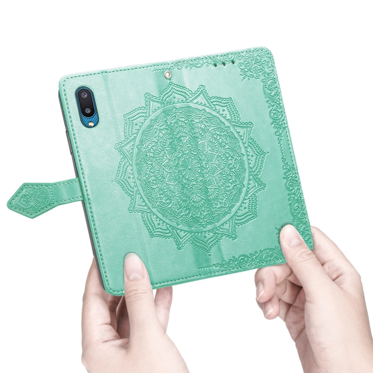 For Samsung Galaxy A02 Mandala Flower Embossed Horizontal Flip Leather Case with Bracket / Card Slot / Wallet / Lanyard