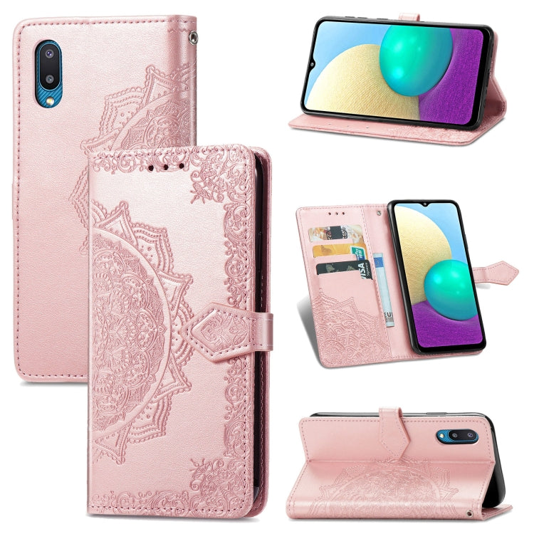 For Samsung Galaxy A02 Mandala Flower Embossed Horizontal Flip Leather Case with Bracket / Card Slot / Wallet / Lanyard