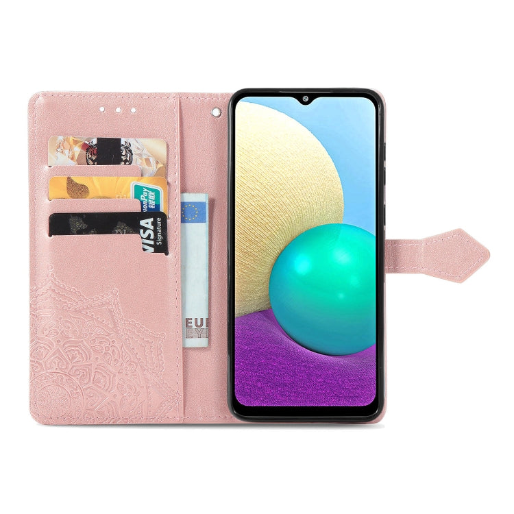 For Samsung Galaxy A02 Mandala Flower Embossed Horizontal Flip Leather Case with Bracket / Card Slot / Wallet / Lanyard
