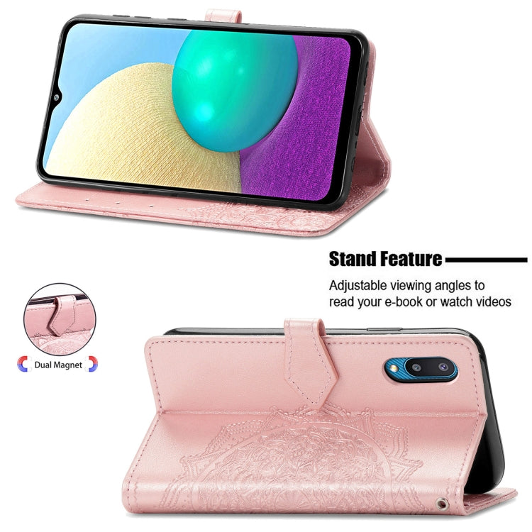 For Samsung Galaxy A02 Mandala Flower Embossed Horizontal Flip Leather Case with Bracket / Card Slot / Wallet / Lanyard