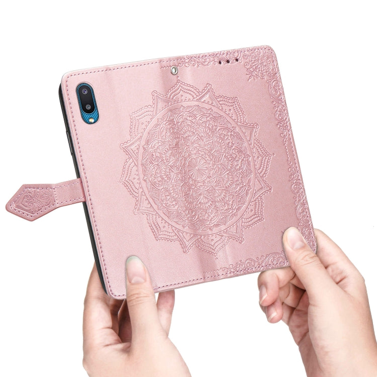 For Samsung Galaxy A02 Mandala Flower Embossed Horizontal Flip Leather Case with Bracket / Card Slot / Wallet / Lanyard