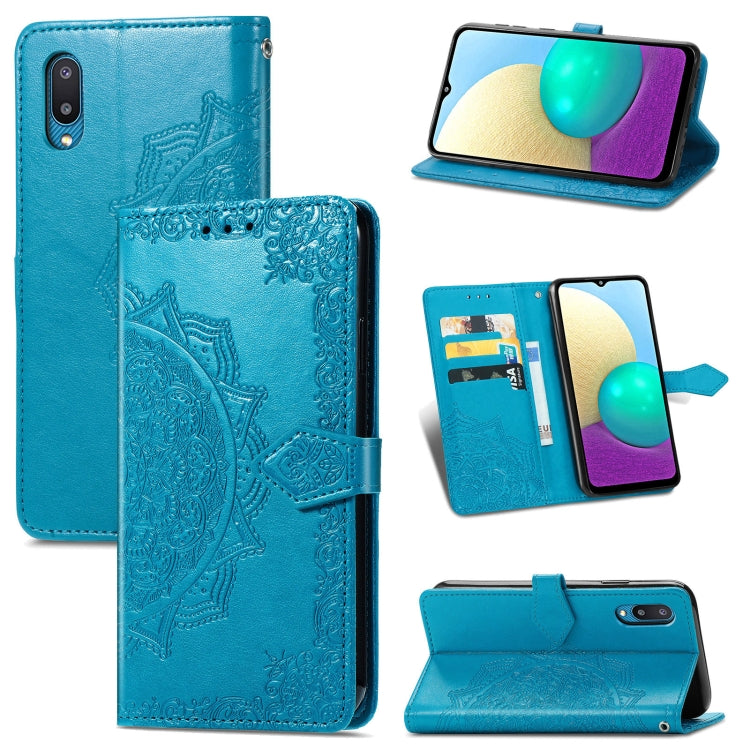 For Samsung Galaxy A02 Mandala Flower Embossed Horizontal Flip Leather Case with Bracket / Card Slot / Wallet / Lanyard