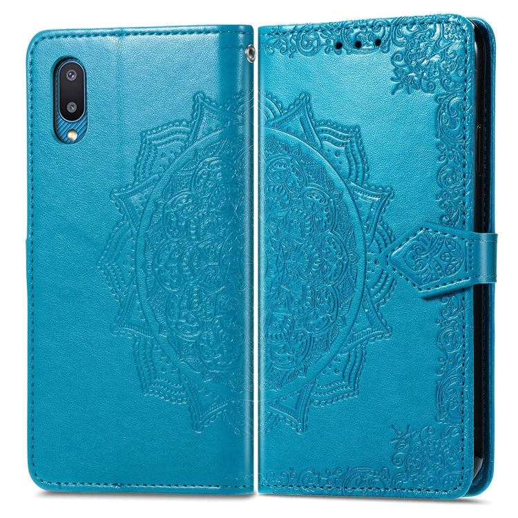 For Samsung Galaxy A02 Mandala Flower Embossed Horizontal Flip Leather Case with Bracket / Card Slot / Wallet / Lanyard