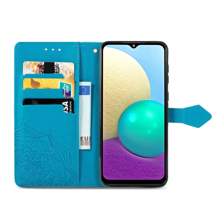 For Samsung Galaxy A02 Mandala Flower Embossed Horizontal Flip Leather Case with Bracket / Card Slot / Wallet / Lanyard