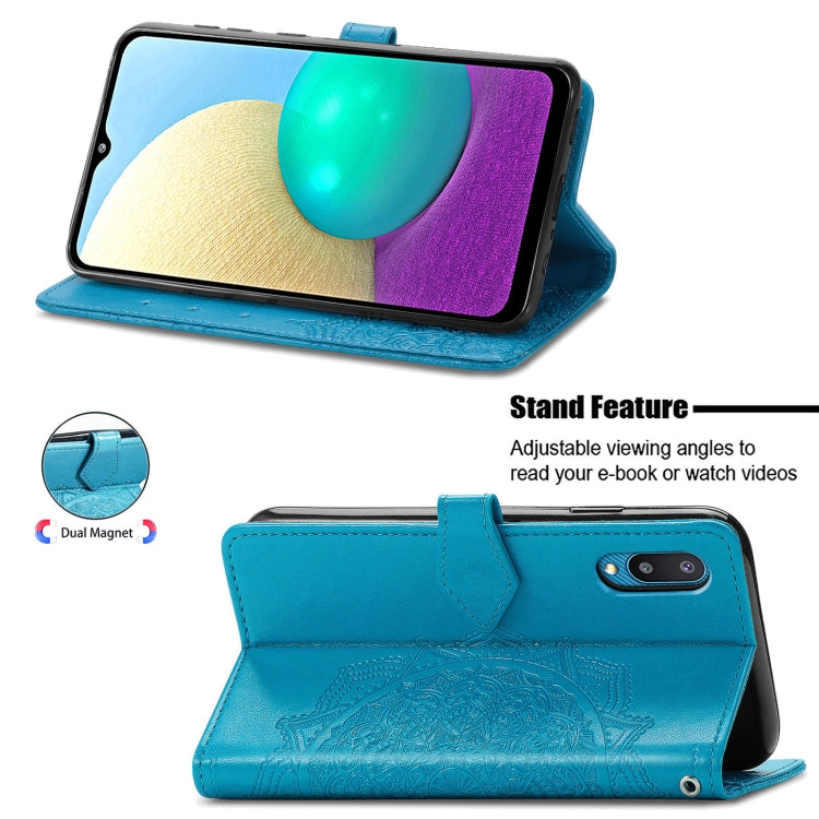 For Samsung Galaxy A02 Mandala Flower Embossed Horizontal Flip Leather Case with Bracket / Card Slot / Wallet / Lanyard