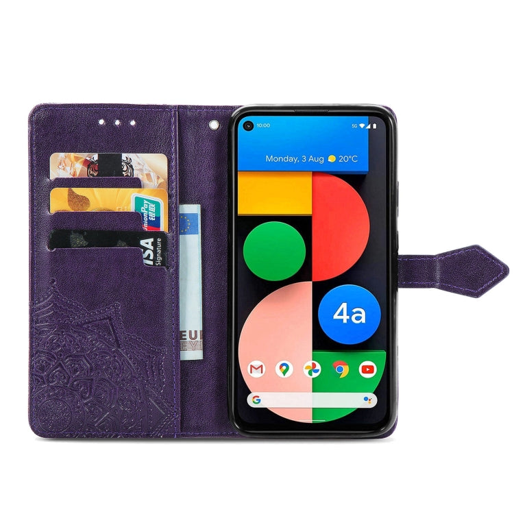 For Google Pixel 5A Mandala Flower Embossed Horizontal Flip Leather Case with Bracket / Card Slot / Wallet / Lanyard
