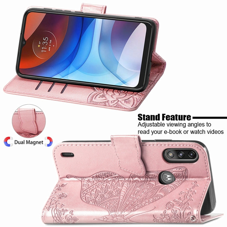 For Motorola Moto E7 Power Butterfly Love Flower Embossed Horizontal Flip Leather Case with Bracket & Card Slot & Wallet & Lanyard
