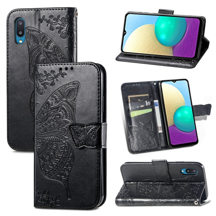 For Samsung Galaxy A02 Butterfly Love Flower Embossed Horizontal Flip Leather Case with Bracket & Card Slot & Wallet & Lanyard