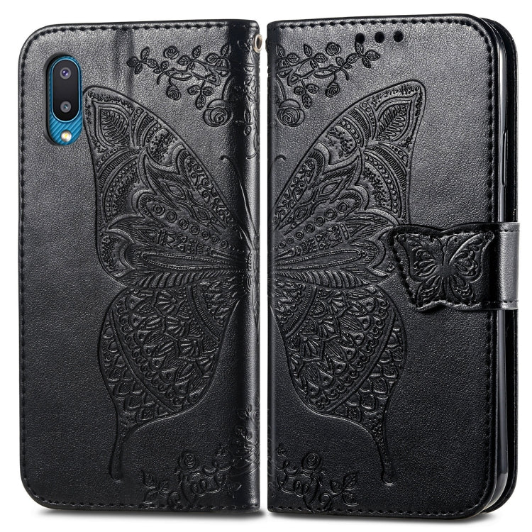 For Samsung Galaxy A02 Butterfly Love Flower Embossed Horizontal Flip Leather Case with Bracket & Card Slot & Wallet & Lanyard