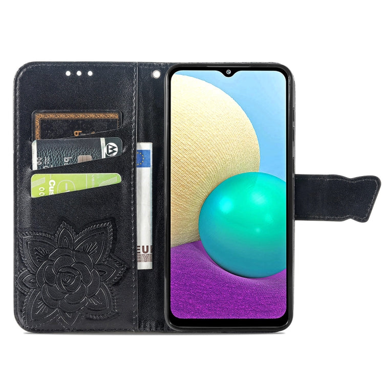 For Samsung Galaxy A02 Butterfly Love Flower Embossed Horizontal Flip Leather Case with Bracket & Card Slot & Wallet & Lanyard