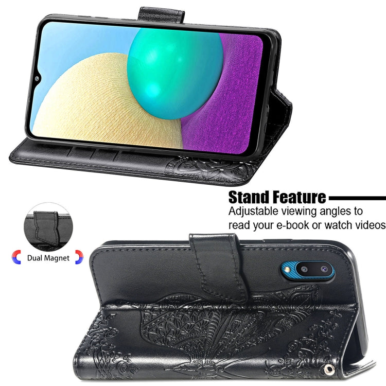 For Samsung Galaxy A02 Butterfly Love Flower Embossed Horizontal Flip Leather Case with Bracket & Card Slot & Wallet & Lanyard