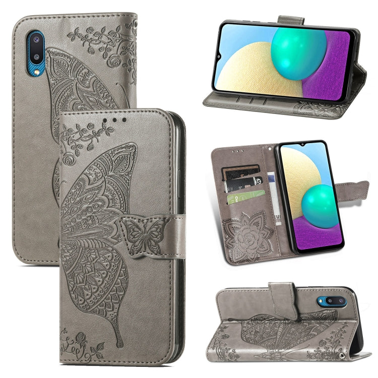 For Samsung Galaxy A02 Butterfly Love Flower Embossed Horizontal Flip Leather Case with Bracket & Card Slot & Wallet & Lanyard