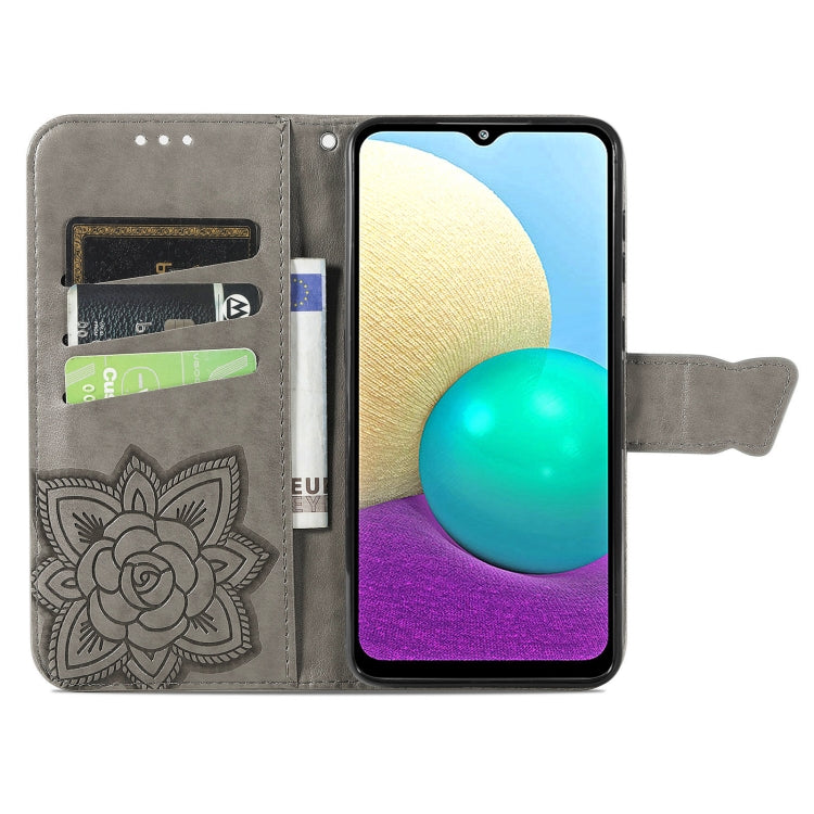 For Samsung Galaxy A02 Butterfly Love Flower Embossed Horizontal Flip Leather Case with Bracket & Card Slot & Wallet & Lanyard