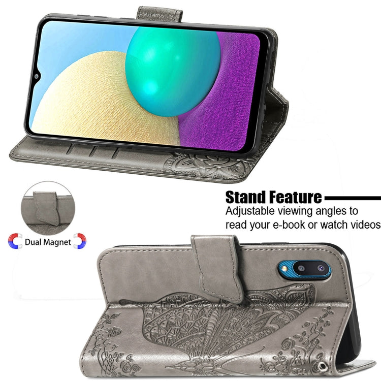 For Samsung Galaxy A02 Butterfly Love Flower Embossed Horizontal Flip Leather Case with Bracket & Card Slot & Wallet & Lanyard