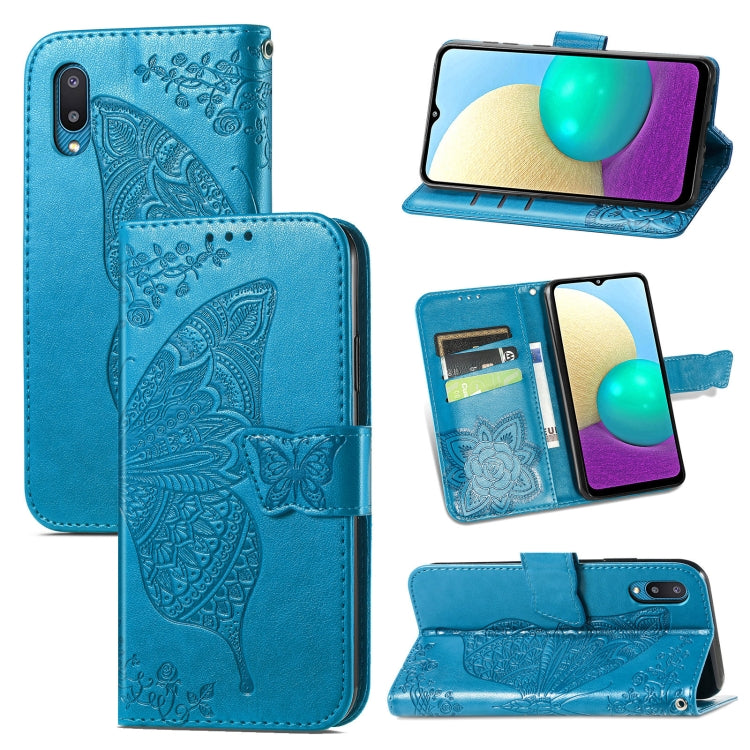 For Samsung Galaxy A02 Butterfly Love Flower Embossed Horizontal Flip Leather Case with Bracket & Card Slot & Wallet & Lanyard