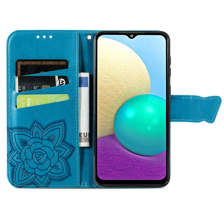 For Samsung Galaxy A02 Butterfly Love Flower Embossed Horizontal Flip Leather Case with Bracket & Card Slot & Wallet & Lanyard