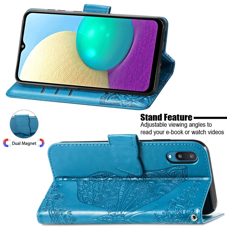 For Samsung Galaxy A02 Butterfly Love Flower Embossed Horizontal Flip Leather Case with Bracket & Card Slot & Wallet & Lanyard