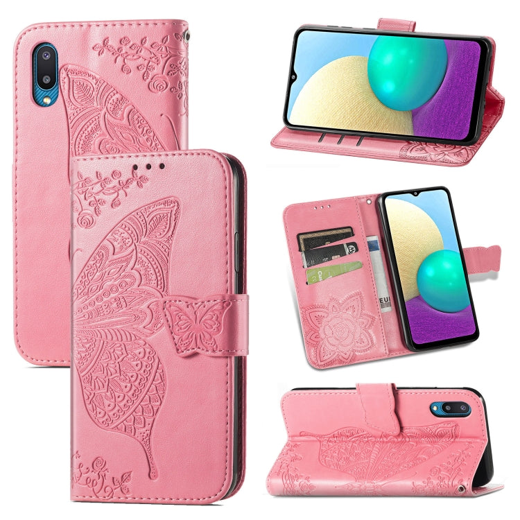 For Samsung Galaxy A02 Butterfly Love Flower Embossed Horizontal Flip Leather Case with Bracket & Card Slot & Wallet & Lanyard