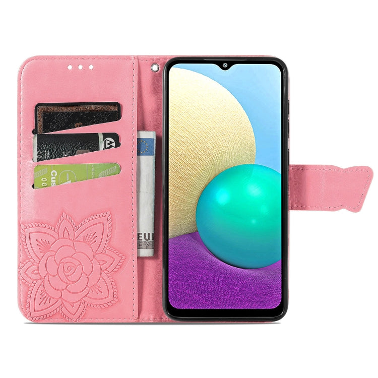 For Samsung Galaxy A02 Butterfly Love Flower Embossed Horizontal Flip Leather Case with Bracket & Card Slot & Wallet & Lanyard