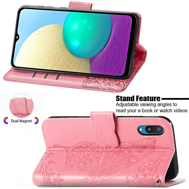 For Samsung Galaxy A02 Butterfly Love Flower Embossed Horizontal Flip Leather Case with Bracket & Card Slot & Wallet & Lanyard