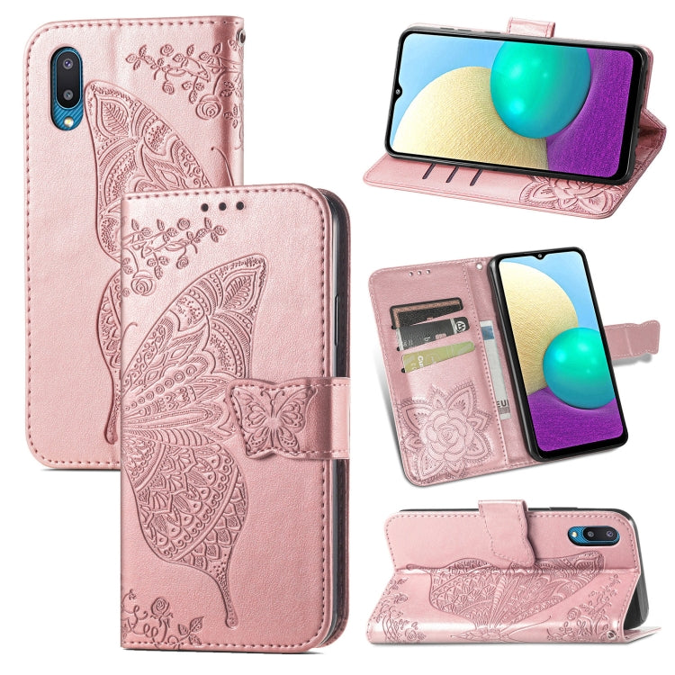 For Samsung Galaxy A02 Butterfly Love Flower Embossed Horizontal Flip Leather Case with Bracket & Card Slot & Wallet & Lanyard