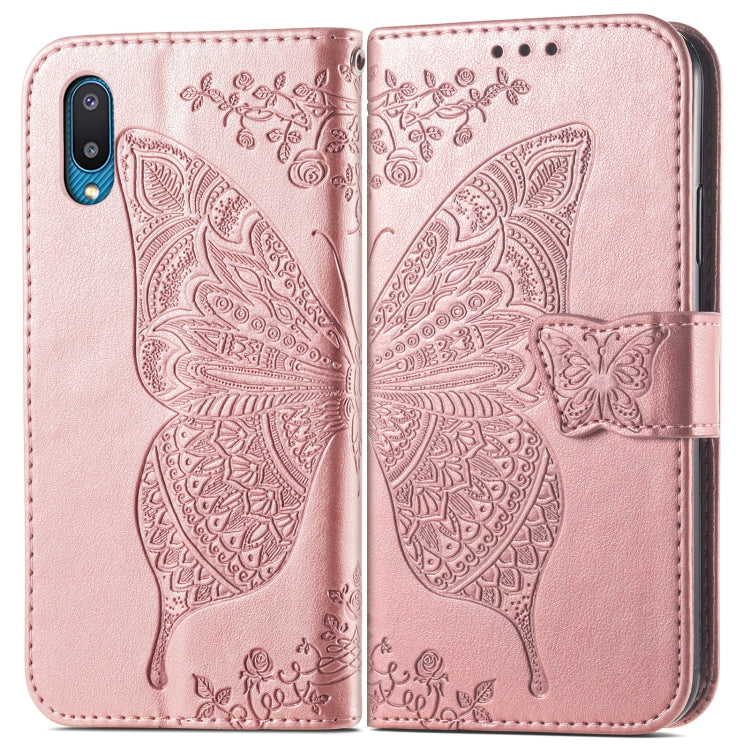 For Samsung Galaxy A02 Butterfly Love Flower Embossed Horizontal Flip Leather Case with Bracket & Card Slot & Wallet & Lanyard