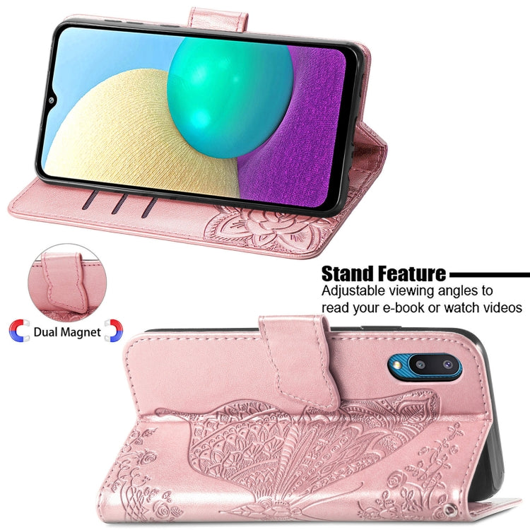 For Samsung Galaxy A02 Butterfly Love Flower Embossed Horizontal Flip Leather Case with Bracket & Card Slot & Wallet & Lanyard