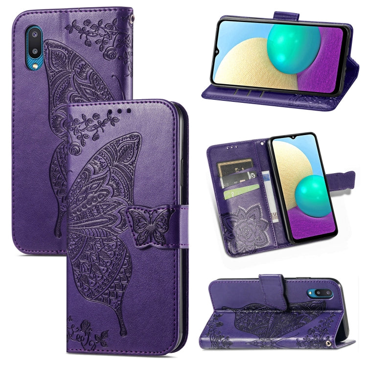 For Samsung Galaxy A02 Butterfly Love Flower Embossed Horizontal Flip Leather Case with Bracket & Card Slot & Wallet & Lanyard