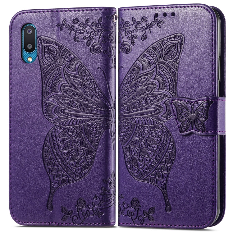 For Samsung Galaxy A02 Butterfly Love Flower Embossed Horizontal Flip Leather Case with Bracket & Card Slot & Wallet & Lanyard