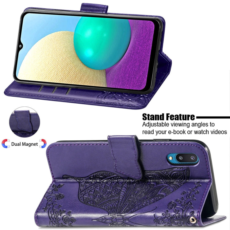 For Samsung Galaxy A02 Butterfly Love Flower Embossed Horizontal Flip Leather Case with Bracket & Card Slot & Wallet & Lanyard
