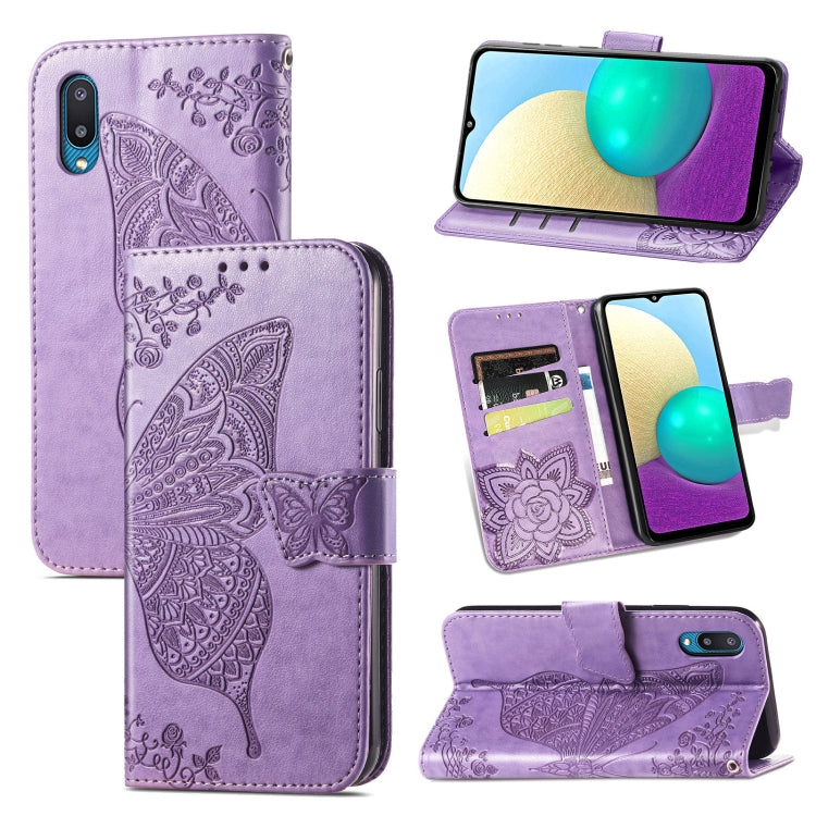 For Samsung Galaxy A02 Butterfly Love Flower Embossed Horizontal Flip Leather Case with Bracket & Card Slot & Wallet & Lanyard