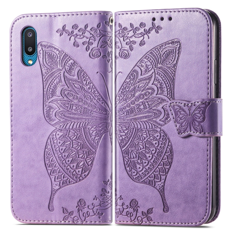 For Samsung Galaxy A02 Butterfly Love Flower Embossed Horizontal Flip Leather Case with Bracket & Card Slot & Wallet & Lanyard