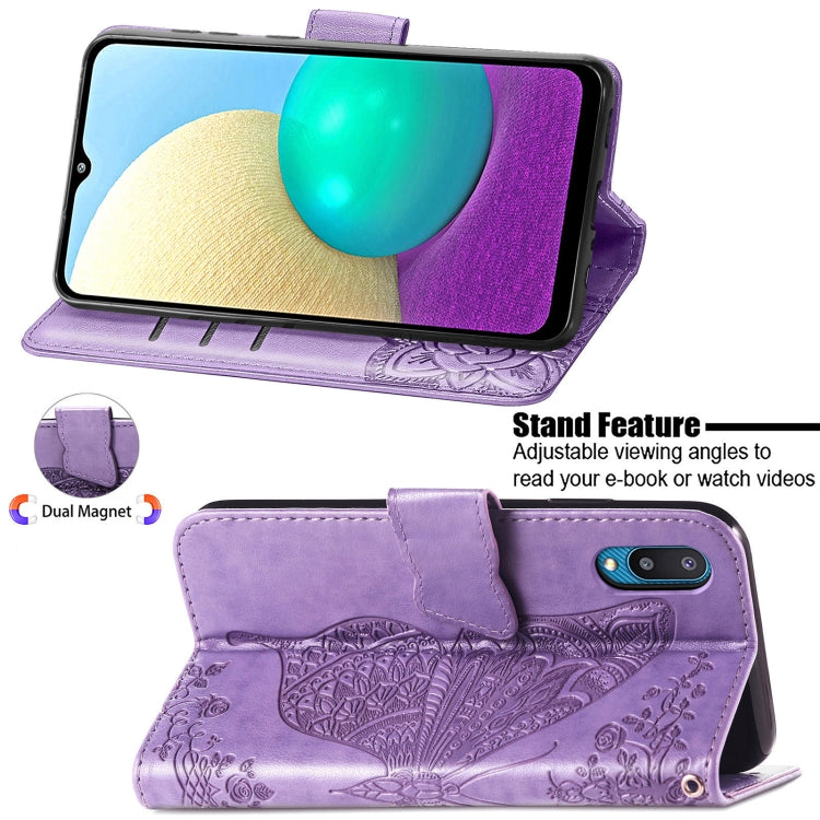 For Samsung Galaxy A02 Butterfly Love Flower Embossed Horizontal Flip Leather Case with Bracket & Card Slot & Wallet & Lanyard