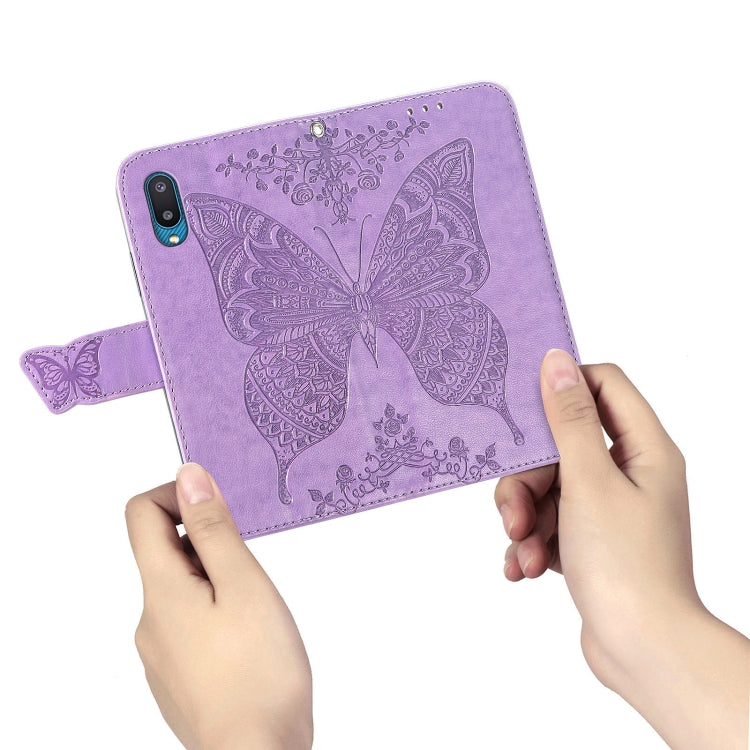 For Samsung Galaxy A02 Butterfly Love Flower Embossed Horizontal Flip Leather Case with Bracket & Card Slot & Wallet & Lanyard