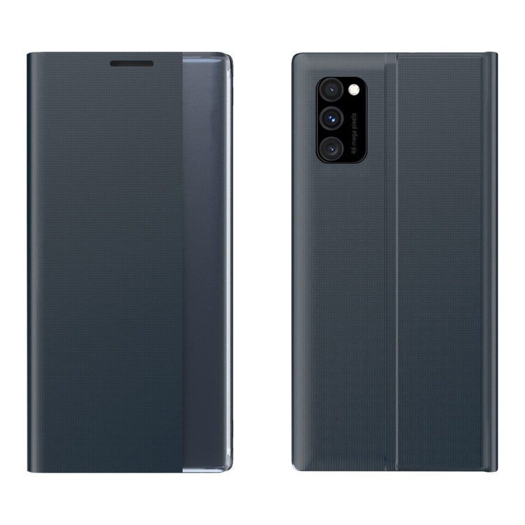 For Samsung Galaxy A02 Side Display Magnetic Horizontal Flip Plain Texture Cloth + PC Case with Holder & Sleep / Wake-up Function