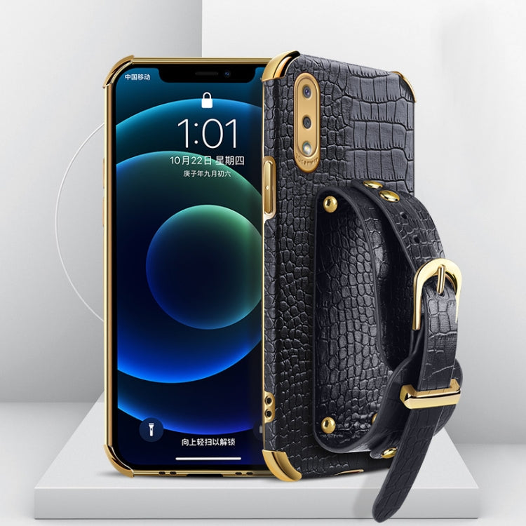 For Samsung Galaxy A02 Electroplated TPU Crocodile Pattern Leather Case with Wrist Strap